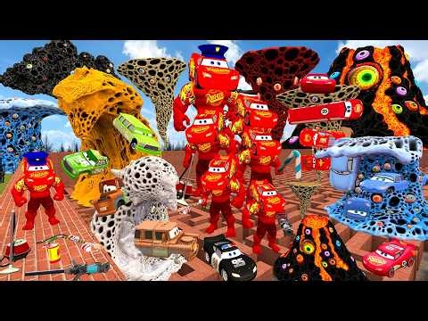 All Size Tiny To Giant Lightning Mcqueen vs Trypophobia Tornado Tsunami Volcano Cars in Maze EP 17