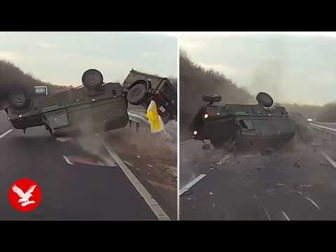 Driver flung from army truck after car swerves in front of military convoy