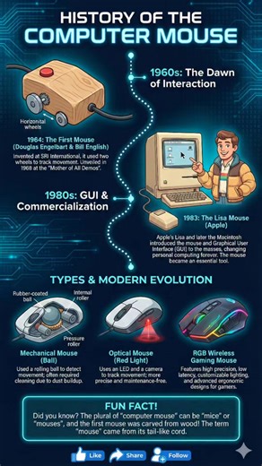 🖱️ History of the Computer Mouse – In Simple Words From a wooden box in the 1960s to today’s smart wireless mice, the computer mouse has come a long way! 🔹 1964: First mouse invented – made of wood with metal wheels 🔹 1970s: Ball-based mouse improved movement (Xerox PARC) 🔹 1980s: Apple popularized the mouse with Lisa & Macintosh 🔹 Over time: Mechanical → Optical → Laser → Wireless 🔹 Today: Ergonomic design, touch gestures, gaming DPI & rechargeable tech ✨ Fun Fact: The first computer mous