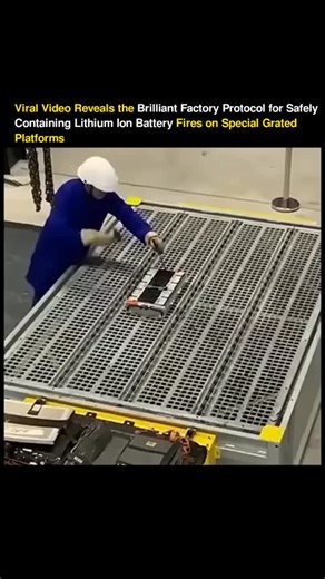 Cognovix on Instagram: "What happens when a lithium battery catches fire on the production line? In high tech battery factories, a defective cell can trigger thermal runaway a chain reaction releasing extreme heat, flames, and toxic gases that's nearly impossible to stop quickly. Workers in protective gear calmly use long tools to transfer the burning cell to a dedicated metal grate platform, allowing it to vent and burn out in a controlled space. This engineered solution contains the danger, pr