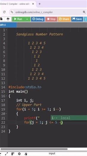 Print Sandglass Number Pattern In C | C Programming | #clanguage #cprogramming #coding #logic #code