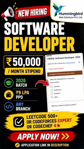 Software Developer Hiring 2026 | ₹50K/Month | Freshers Apply #SoftwareEngineer #Placement #Jobs #dsa