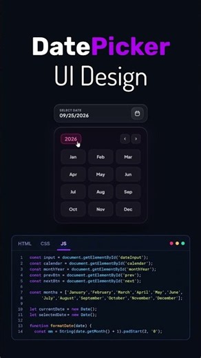 Datepicker UI Design with HTML CSS & JavaScript 📅 | #shorts