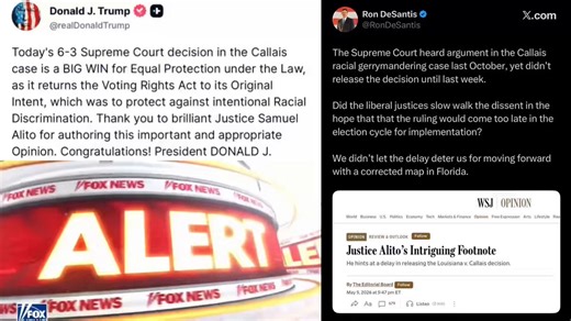 🚨 JUST NOW: Florida Gov. Ron DeSantis suggests the liberal Supreme Court Justices PURPOSEFULLY DELAYED the ruling against racial gerrymandering — which likely helped Democrats in the midtermsHe’s right.They SLOW WALKED IT hoping GOP states couldn’t redraw before the election!“The Supreme Court heard argument in the Callais racial gerrymandering case last October, yet didn’t release the decision until last week. Did the liberal justices slow walk the dissent in the hope that that the ruling woul