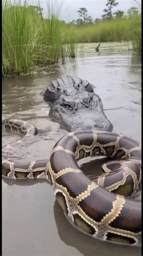 Violent Swamp Struggle: Alligator Trapped in Python Coils