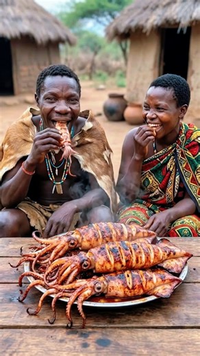 WOW! Chaaba & Wife Try Grilled Squid Feast 🦑🔥 #hadzabetribe #tribalfood #shorts