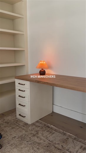 but even ikea is kinda $$$ now 😭 Like why is a tiny lamp like $100. ANYWAY. loving how these ikea hacks turned out in my home library. Took it from a boring wall to my dream bookshelves. And now I have such a cute custom looking desk to match. Can't wait to decorate both these projects... just in time for fall e Which project is your fav? Bookshelf or desk? #diy #ikea #ikeahack #ikeadiy #renovation