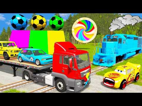 Funny Cars vs Monster Truck Rescue Flatbed Trailer – Slide Color vs Deep Water | BeamNG Drive