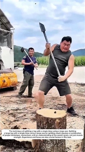 The technique of splitting a log with one blow using a large axe #shorts