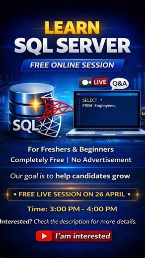 Free SQL Server Live Session for Freshers | 26 April | 3 PM to 4 PM #Sql training #sandeepdevzone