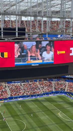 Tate McRae appears on the jumbotron during the FIFA World Cup quarter-final between Spain and Belgium.