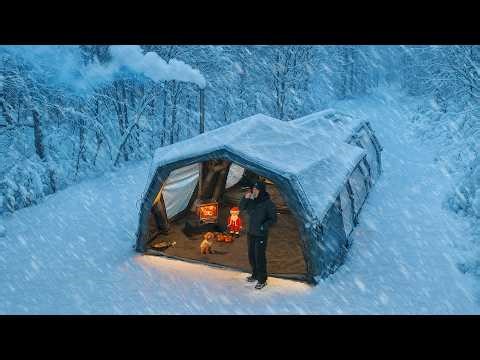 Camping in Heavy Snow with My Dog . 3-Room Inflatable Tent . Wood Stove ASMR