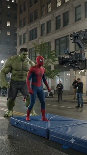 Hulk throwing Spider-Man onto the stunt mat! Watch how movie magic comes together on set. 🕷️💚🎬"