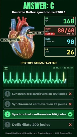 ACLS Challenge: Unstable Atrial Flutter. What's the New 2025 Cardioversion Energy? #shorts