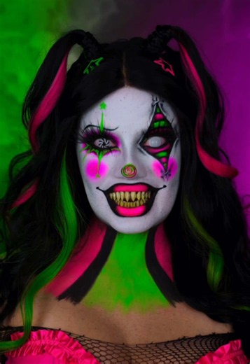 ad Neon clown makeup bts 🤡🩷💚 How cool are these uv dyes from @Crazy Color? As soon as I saw them I knew I had to do a uv neon clown to match.A lil behind the scenes on how I created this look and all the work that goes into the looks you see on my page ⭐️ #clownmakeup #halloweenmakeup #makeuptransformation