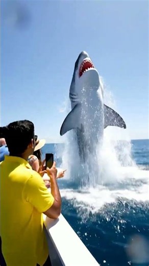Great White Shark Jumps Onto Boat — Then a Giant Whale Intervenes Ocean Nightmare #trending