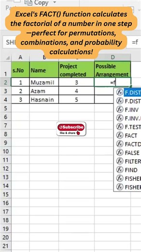 Excel's FACT() function calculates the factorial of a number in one step!!#excel #likeandsubscribe