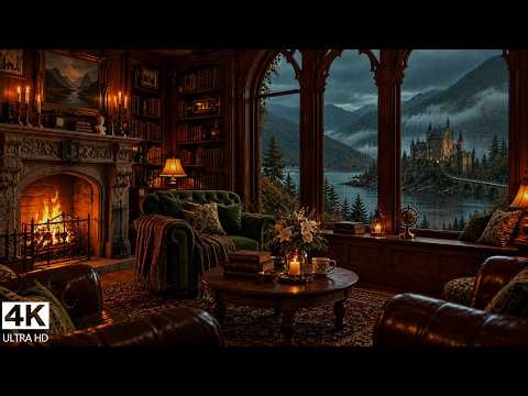 Gentle Celtic Folk | Cloud-Draped Slopes, Warm Fireplace, Soft Rain & Lake Castle for Focus 4K