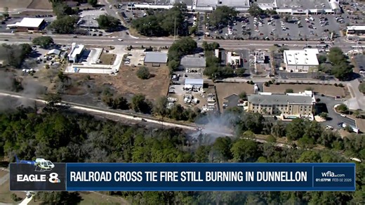 LIVE: Crews are still battling a massive fire that broke out near a railroad in Dunnellon early yesterday morning. https://www.wfla.com/news/florida/video-stockpile-of-railroad-ties-explodes-into-massive-fire-in-florida/ | WFLA News Channel 8