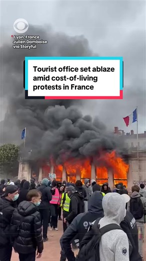 A tourist office in Lyon, France, was set aflame Saturday — reportedly leaving it destroyed — as nationwide protests over the rising cost of living and declining public services turned violent. Thousands of demonstrators took to the streets across France, with police firing tear gas and clashing with protesters in several cities.