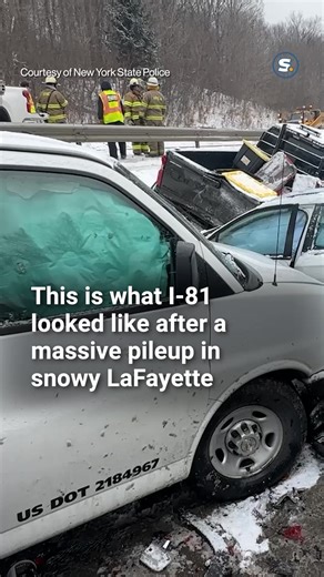🔗 https://l.syracuse.com/11tofn The vehicles involved in a 37-car pileup on Interstate 81 south, including three tractor-trailers, were left smashed together like a demolition derby. One tractor-trailer leaned precariously over a car. Airbags that went off were visible in many vehicles. The crash in LaFayette sent seven people to Syracuse hospitals and shut down both lanes of the highway for hours. Tap the link above to read more and see photos from the snarled scene. 🎥: New York State Police 