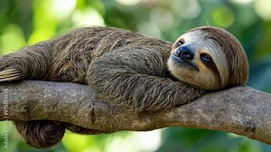 A brown and spotted sloth is resting on a tree branch. The sloth is relaxed and he is enjoying its time on the branch
