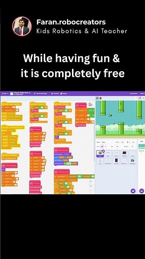 8 year old kids building a Flappy Bird Game in Scratch using drag and drop coding