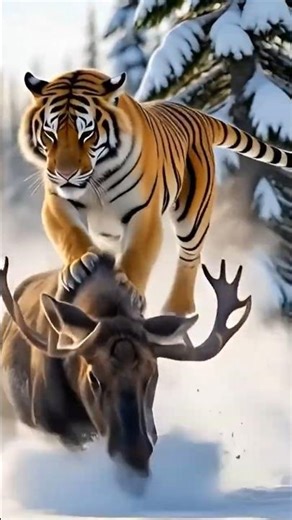 Tiger vs Moose: The Ultimate Snow Chase! (Wait for it...) 🐯❄️🦌 #Shorts #Wildlife