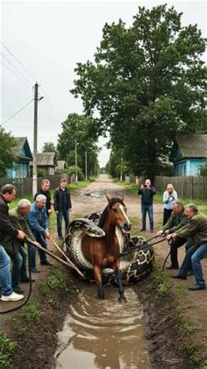 Trapped in the Ditch… Can They Save the Horse from the Python? 🐎🐍