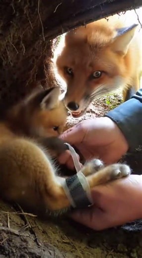 Hands Prying Plastic in a Tight Forest Den Close