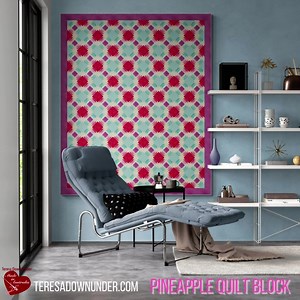 A pineapple block is a classic quilting block that is recognisable by its distinctive pineapple shape. This block is made up of a central square or diamond surrounded by strips of fabric that form triangular shapes around it. The strips are sewn in a specific pattern, with each new layer alternating the direction of the triangles to create the illusion of a textured pineapple. Learn how to make a pineapple block and get the template: https://teresadownunder.com/2021/03/20/foundation-piecing-pine