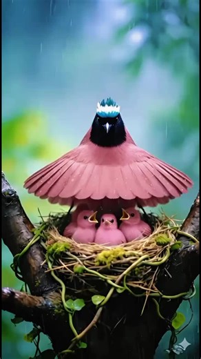 Mother Bird Sheltering Their Chicks
