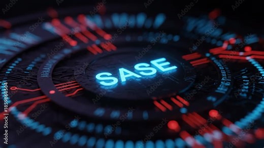 A SASE secure access service edge concept in glowing neon with a dark circuit board background featuring red lights and a futuristic aesthetic.