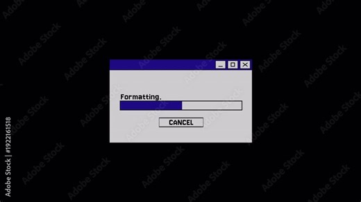 4K Old school Desktop UI Elements and Formating Dialog Box. Formating Progress bar Animation Computer interface