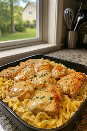 One-Pan Chicken with Buttered Noodles 🍗🍝 | Perfect for Busy Nights! This creamy, comforting dinner from deesviral is a lifesaver on busy evenings. Juicy chicken, tender noodles, and a buttery garlic-Parmesan sauce — all made in one skillet! Ingredients: • 4 boneless, skinless chicken breasts • 2 tbsp olive oil • 3 garlic cloves, minced • 2 cups chicken broth • 1 cup heavy cream • 8 oz egg noodles • 3 tbsp butter • 1/4 cup grated Parmesan cheese • Salt and pepper to taste • Optional: chopped pa