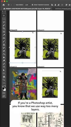 Sterling Hundley on Instagram: "Photoshop Workflow idea: Use Artboards in place of layers to be decisive. If you use Photoshop to make art, you abuse your layers. Sorry to call you out, but your 100 layers are killing your efficiency as you toggle back and forth trying to make up your mind. Using artboards allows you to compare multiple iterations all at once, the way a photographer uses contact sheets. This lets you make choices more quickly and to get your project shipped. You can also automat