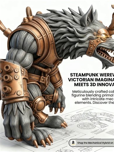 Steampunk Werewolf 3D Printed Sculpture, Mechanical Hybrid Fan Art Statue