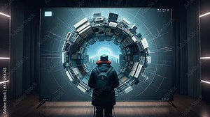 Futuristic Concept Art of Person Viewing Virtual Reality Data Vortex in High-Tech Digital Environment, Exploring Advanced Technology and Immersive Interfaces in Modern Sci-Fi Setting Stock Video