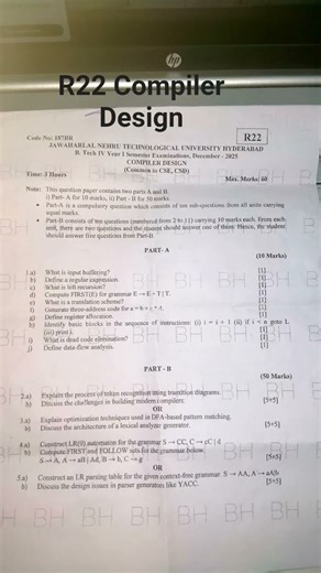 COMPILER DESIGN R22 QUESTION PAPER #compilerdesign#r22#question paper #compiler#jntuh#jntuk#jntu#R22