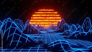 80s Retro Style Animation. Blue Grid Neon Landscape With a Sunset. Seamless Looping retrowave, synthwave. Loopable video – you can extend the video as much as you want. Perfect 3d animation for some i