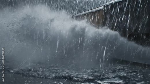 Diesel Locomotive Charging Through Heavy Rain Splashing Water Off Flooded Railroad Tracks - Extreme Weather