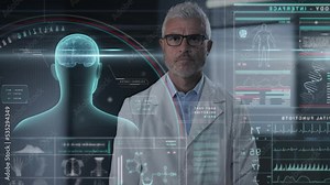 Medical innovation,scientist doctor using futuristic interactive screen to check patient health condition data,researcher uses new digital technology interface
