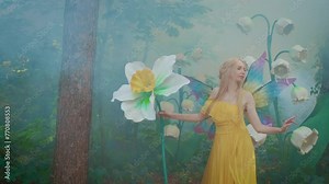 Happy smiling face fantasy woman fairy in yellow dress bright butterfly wings. Elf girl blonde hair fashion model posing near large artificial narcissus flower lilies of valley summer forest fog tree