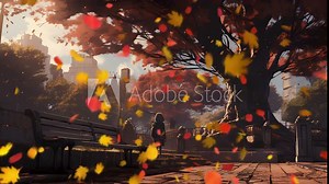 anime girl standing under a tree with fallen tree leaves in autumn. seamless looping video animated background