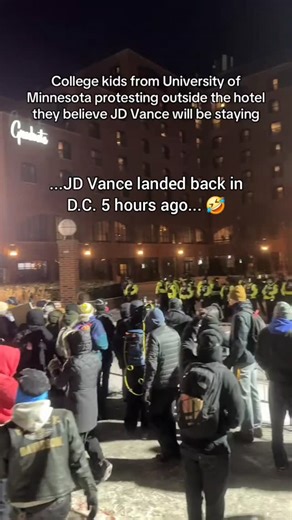 Jennie Mitchell on Instagram: "Shitlibs in Minneapolis are currently standing outside a hotel in -15 degree weather banging pots and playing instruments to keep JD Vance from sleeping inside his hotel. Little do they know, JD Vance landed back in D.C. 5 hours ago. 🤣"