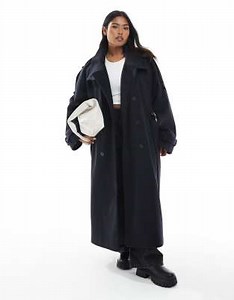 ASOS DESIGN Curve brushed longline funnel neck trench coat in navy | ASOS