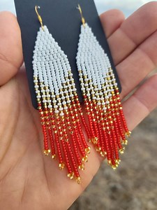Red, Gold and White Seed Bead Earrings - Etsy UK