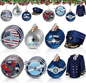 Suzile 24 Pcs Air Force Ornaments Bulk Set Wooden Hanging Air Force Gift Christmas Veteran Ornament for Christmas Tree Decorations Gift Veteran Pilots Military Decoration