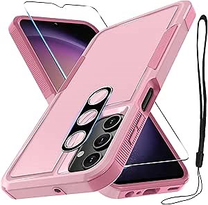 Case for Samsung Galaxy A16 5G, Full Body Heavy Duty Rugged Shockproof Protective Phone Cover with Lanyard Strap, Tempered Glass Screen Protector and Camera Lens Cover, Cute Pink