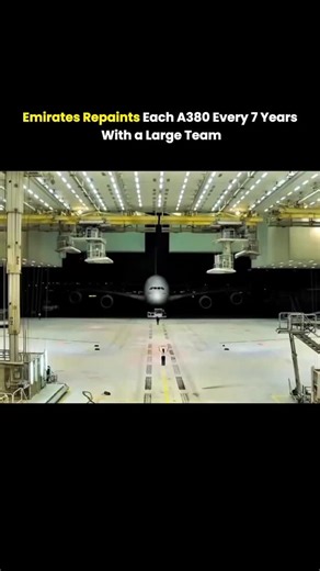 Poweredresearch on Instagram: "This timelapse video captures the intricate and large-scale process of repainting an Emirates Airbus A380. The footage begins with the massive aircraft entering a specialized hangar, where teams meticulously strip the old livery down to the bare metal. The process involves several stages, including cleaning, masking, and applying multiple layers of fresh paint. Using advanced equipment, workers apply the iconic Emirates branding, including the gold lettering and th